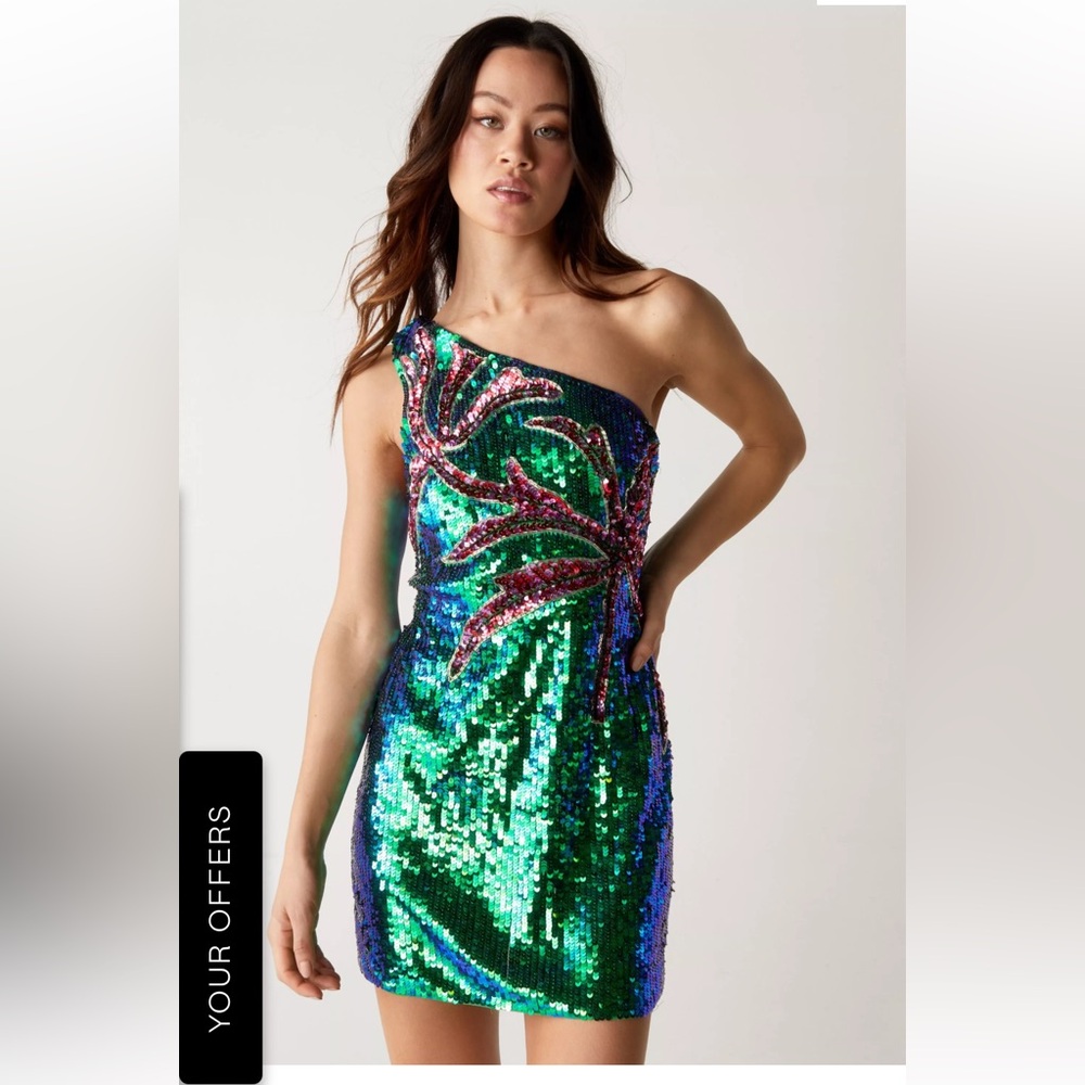 Palm Tree Sequin One Shoulder Dress